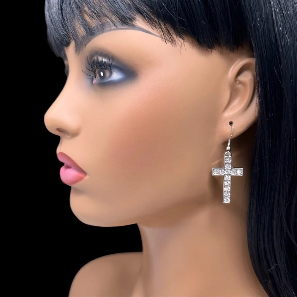 🌼 Silver Rhinestone Straight Christian Cross Simple Dangle Earrings - Picture 3 of 3